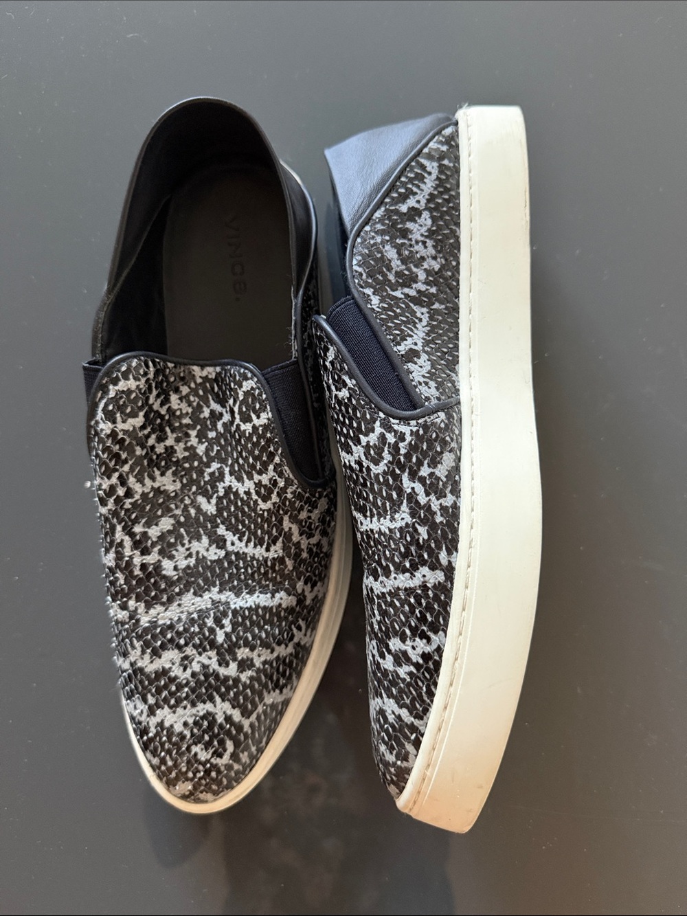 Vince Black and White Slip-On Loafers with Textured Pattern